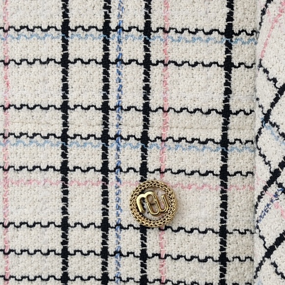Maje Paris Ivory Tweed Blazer Gold Button Plaid Jacket Bouclé/Fringe TrimFR 34 - Picture 6 of 11